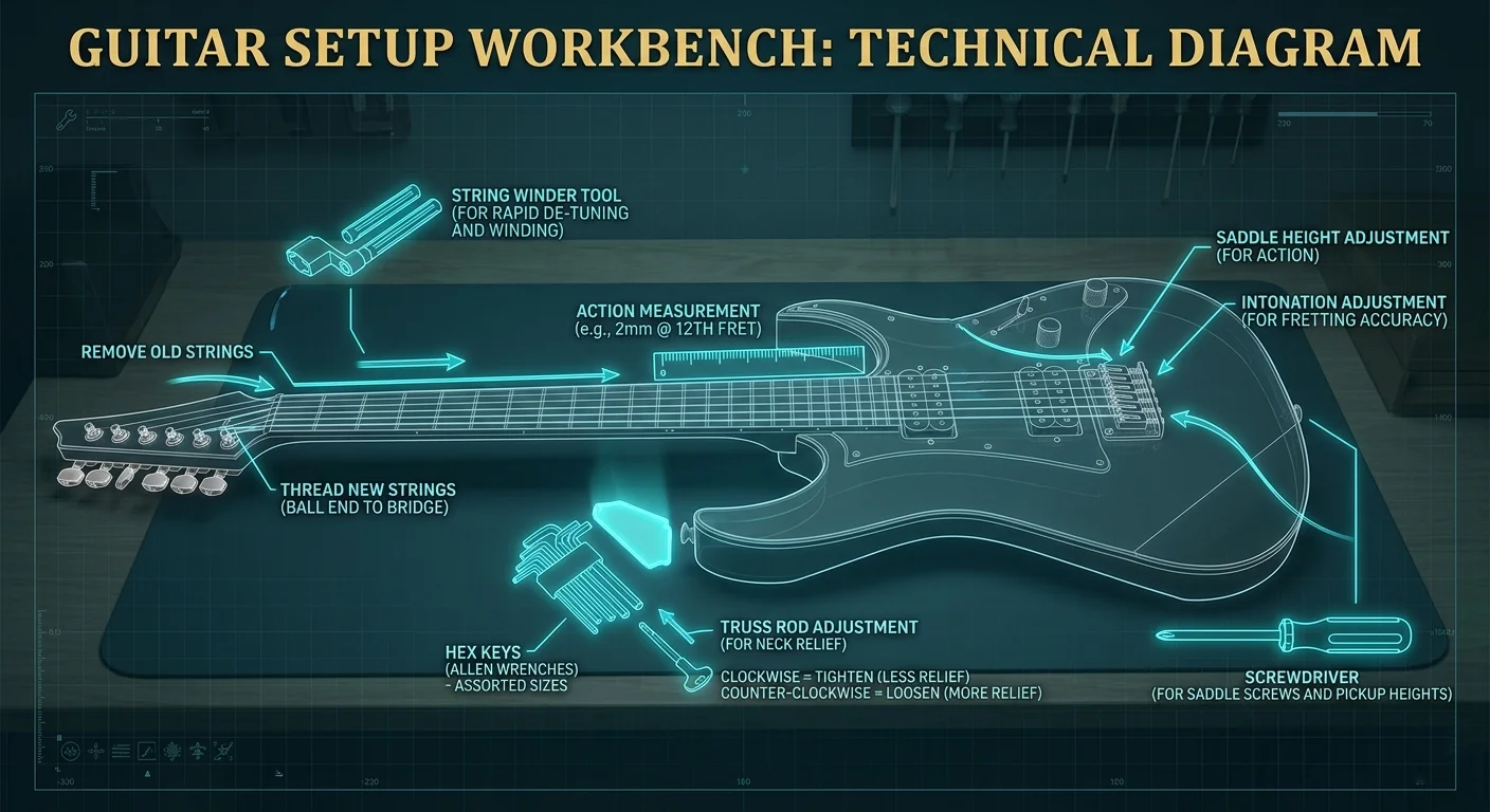 Technical diagram of an electric guitar on a workbench with labeled setup adjustments including truss rod, action, saddle height, and intonation.