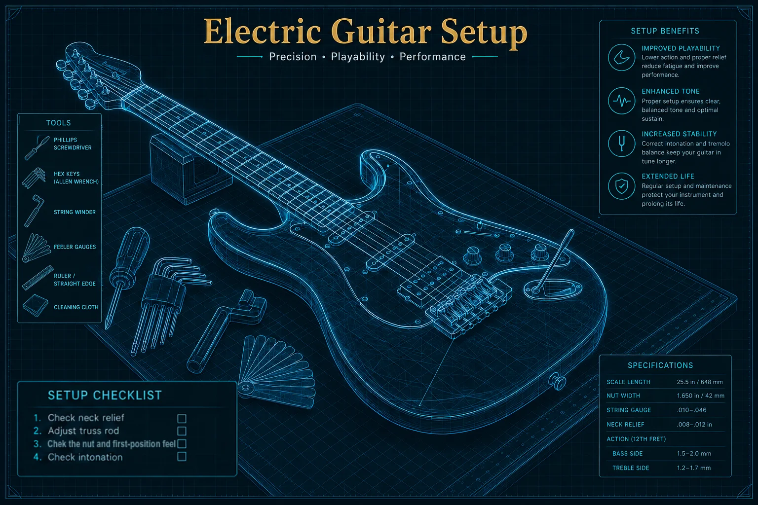 Guitar workbench setup — tools and guitar ready for a proper setup sequence