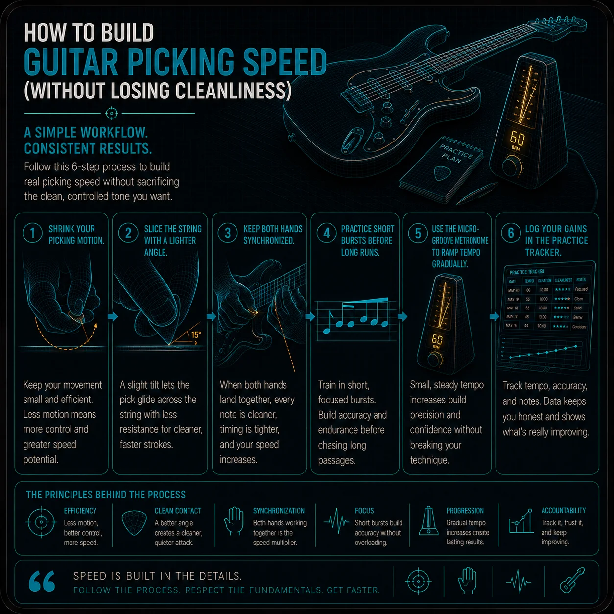 Clean graphic showing the six-stage speed-building workflow — compact motion, pick angle, hand sync, slow practice, metronome ramp, and progress log