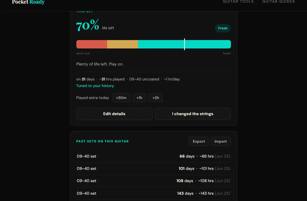 Pocket Roady String Life Tracker — log restring dates and watch remaining string life