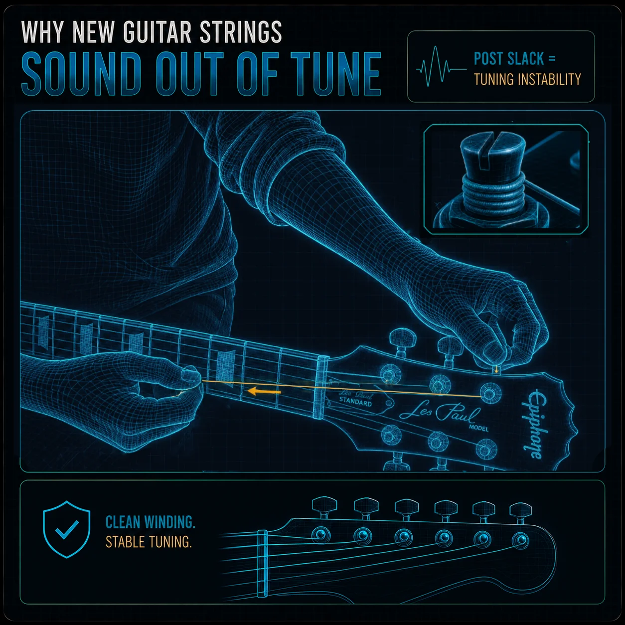 Close-up of guitar string wraps on a tuning post — neat downward coils stacked tightly against the post base for stable tuning