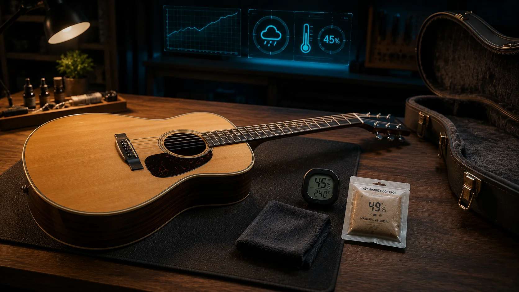 Acoustic guitar in a case with a humidifier pack visible — suggesting proper humidity-controlled storage