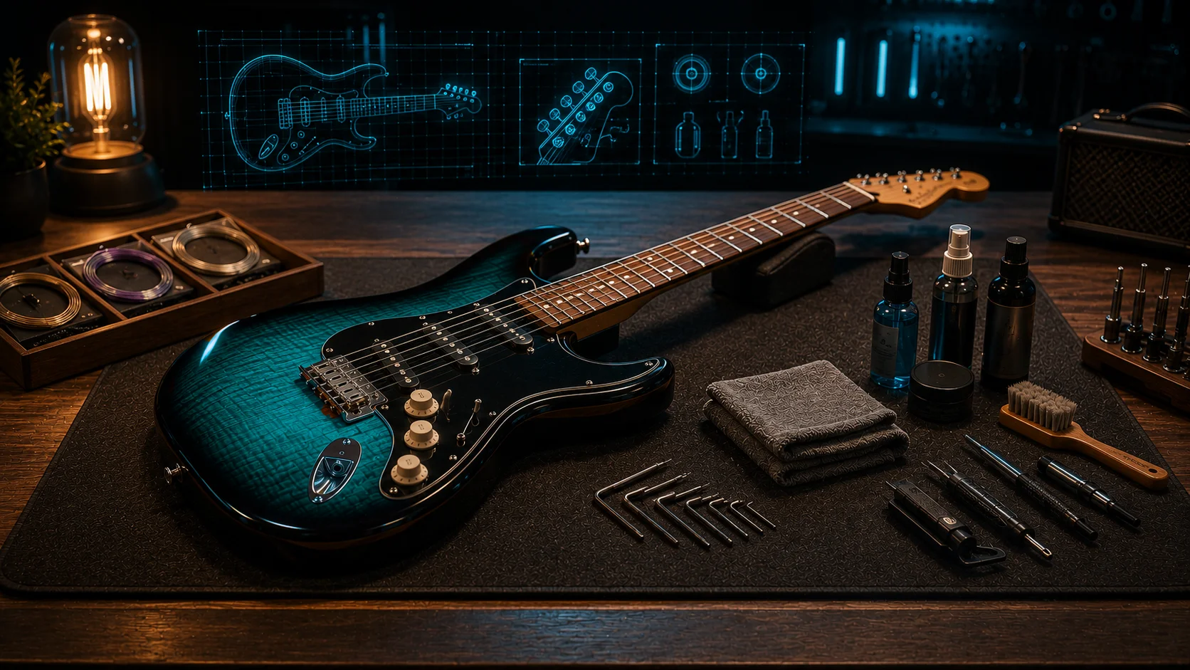 Electric guitar on a stand in a clean room environment — hardware polished and strings fresh, ready to play