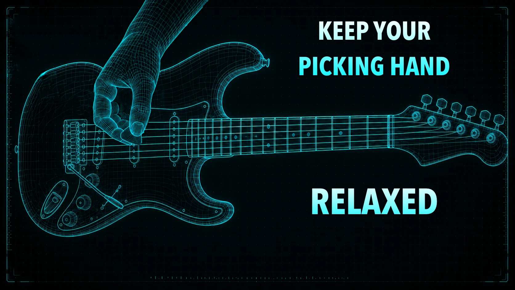 A guitarist's picking hand hovering above the strings in a calm, open posture — light pick grip, relaxed wrist, no visible tension