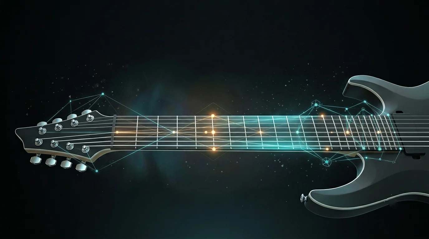 Multi-scale fan-fret guitar neck showing fanned fret lines