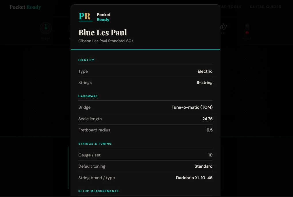 Pocket Roady My Guitar Profiles — guitar setup spec saver