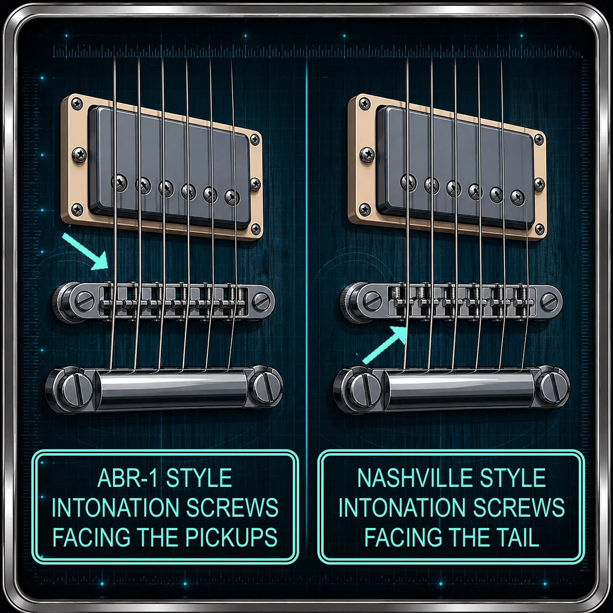 Side by side comparison of ABR-1 and Nashville style Tune-O-Matic bridges showing screw direction
