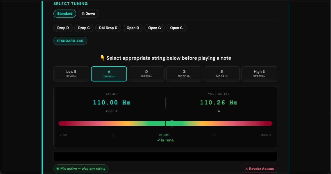 Pocket Roady Perfect Pitch tuner showing A string In Tune