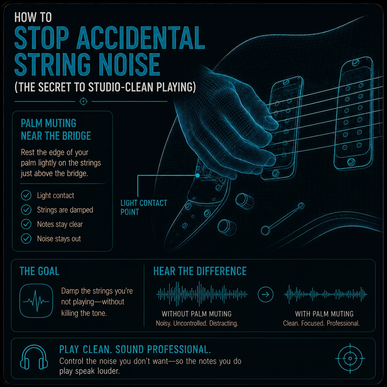 The edge of a picking hand palm resting lightly on the strings just above the bridge — the contact point light but visible, strings visibly damped without being fully choked