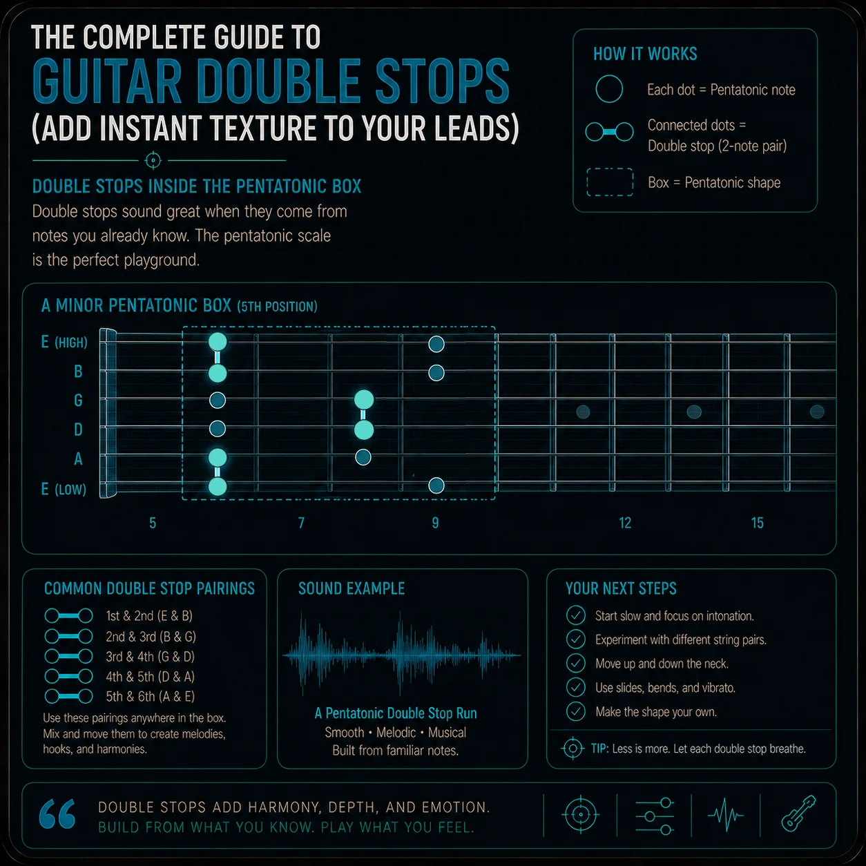 A pentatonic scale diagram or fretboard photo with two-note pairs circled or highlighted — showing how double stops live inside familiar scale shapes the player already knows