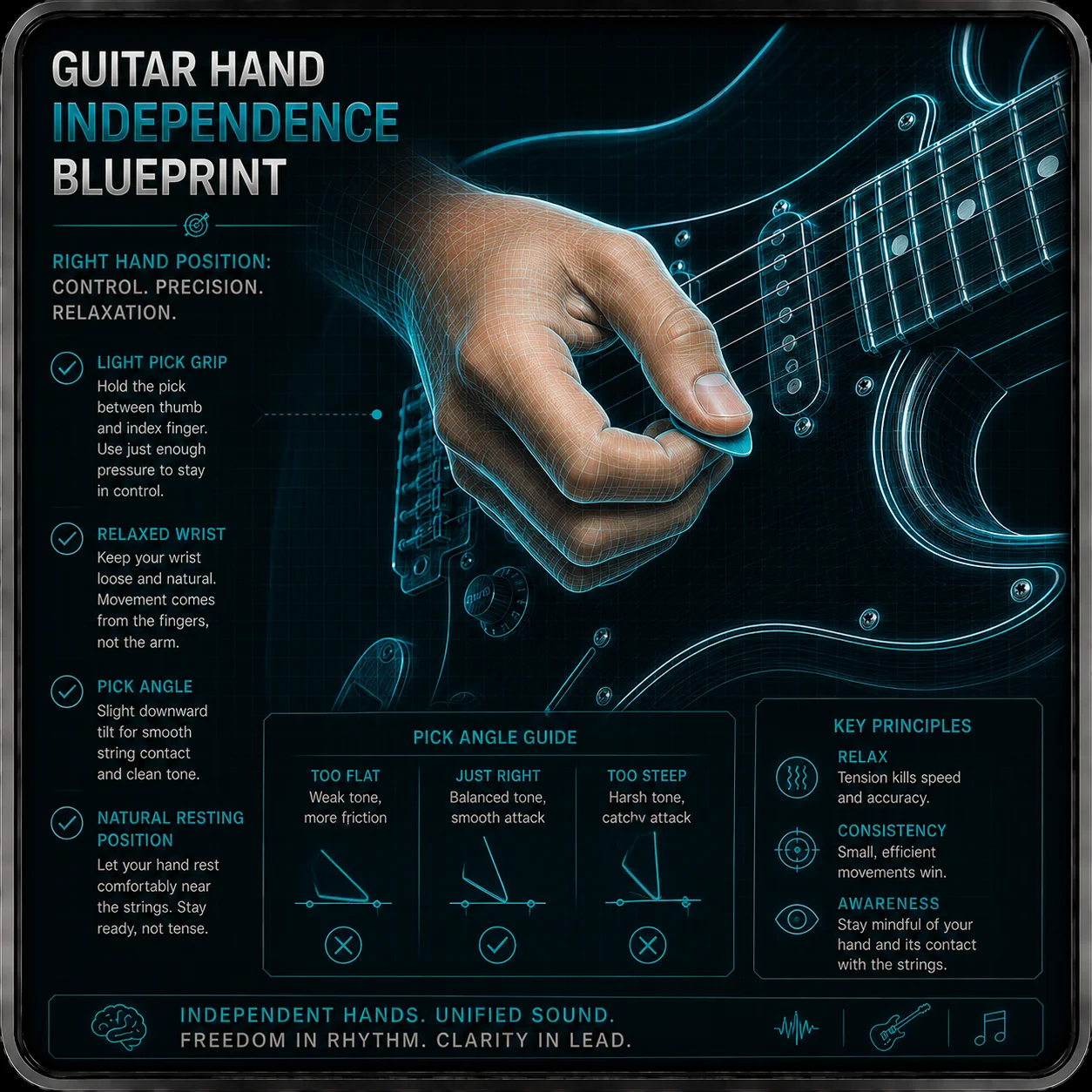 A guitarist's picking hand hovering above the strings in a calm, open posture — light pick grip, wrist slightly arched, no visible tension