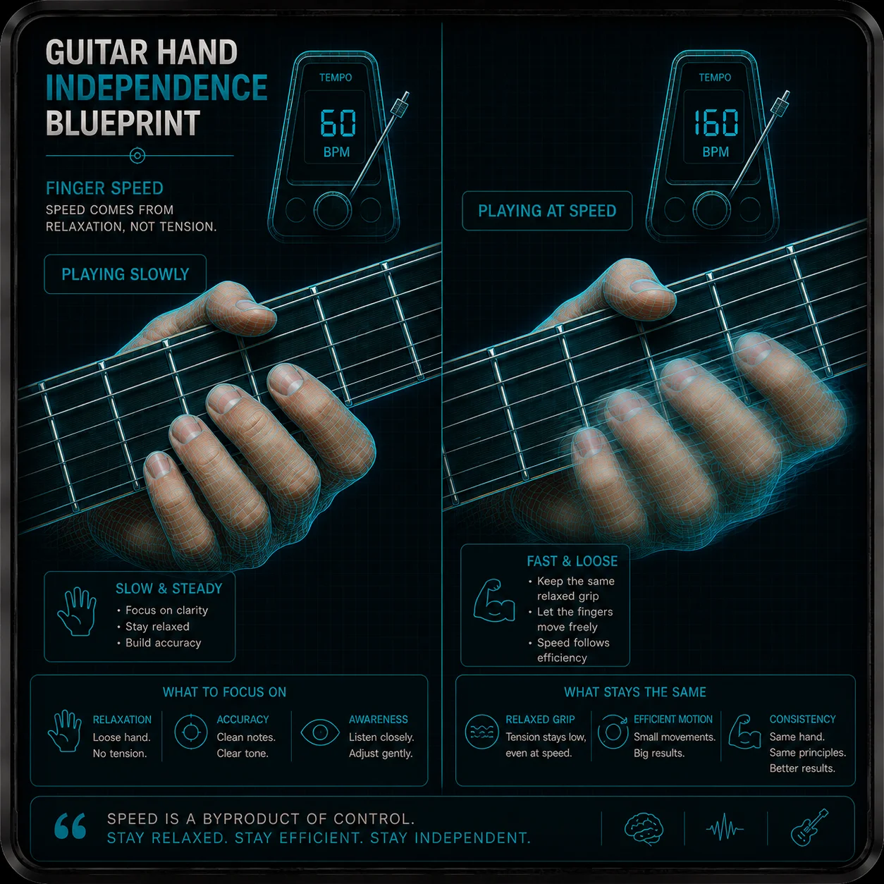 Split image — left side shows a hand playing slowly with visible relaxation, right side shows the same hand at speed with the same loose grip, metronome visible in background