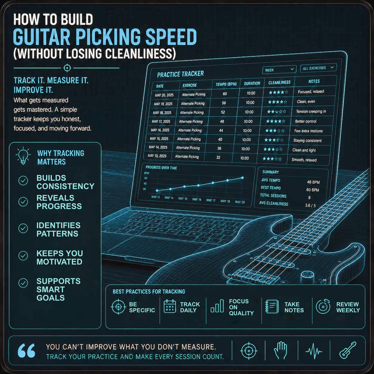 A simple practice log or notebook beside a guitar — columns for tempo, date, and notes suggesting a methodical approach to tracking picking speed improvement