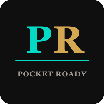 Pocket Roady logo — PR monogram in teal and amber on dark background
