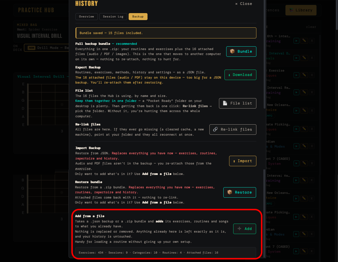 The add-from-a-file option in the backup tab, which adds without replacing