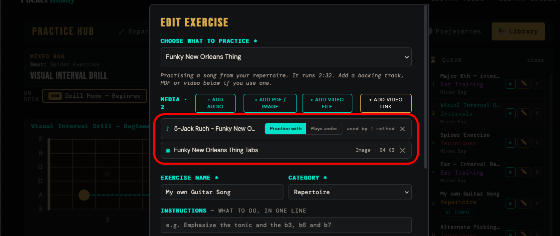 The media step of the exercise form with a backing track and a PDF attached