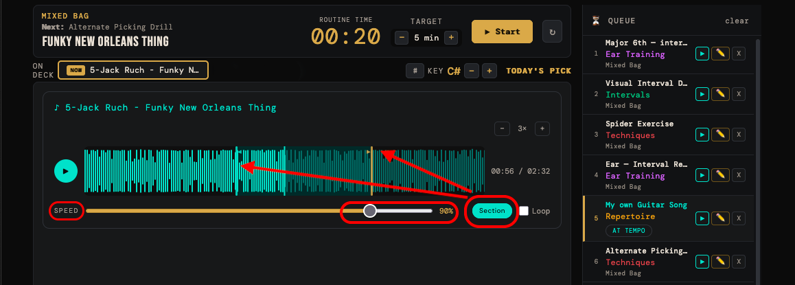The audio player with a section marked between two waveform markers and the speed control set below full