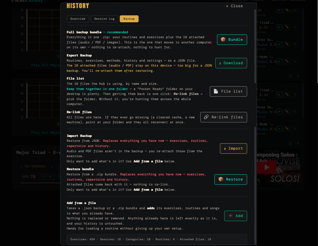 The backup tab with the export data, export bundle and import options