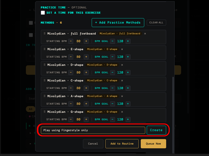 The custom method field with a typed method being added alongside the ready-made ones
