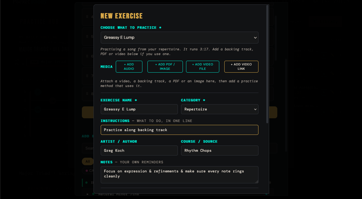 The exercise form with the instruction, source, notes and category fields filled in