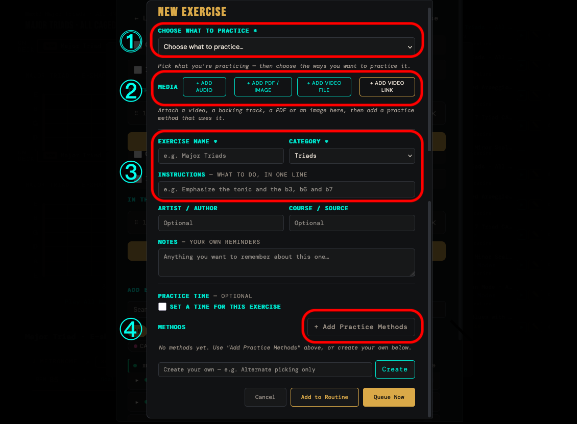 The new-exercise form with its four steps in order