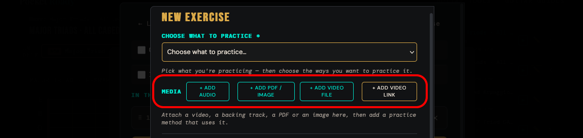The media step of the exercise form, with the audio, video, PDF and image options