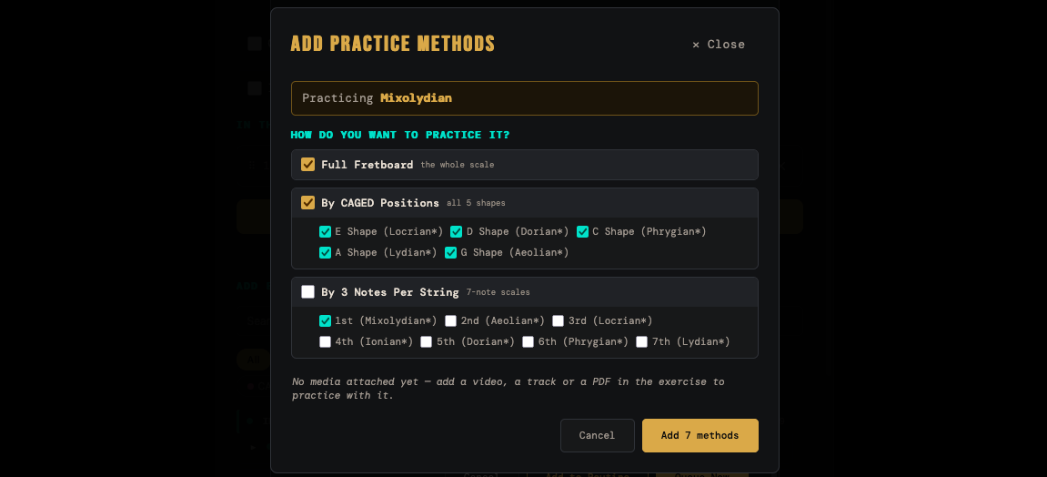The method picker showing the ready-made methods that fit the chosen exercise