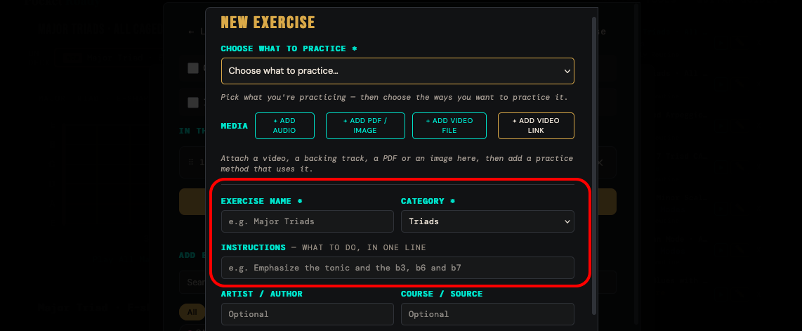 The name, category and instruction fields of the exercise form