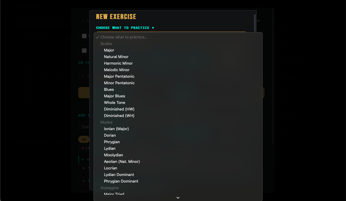 The what-to-practice menu with its grouped options for scales, chords, intervals, tools and songs
