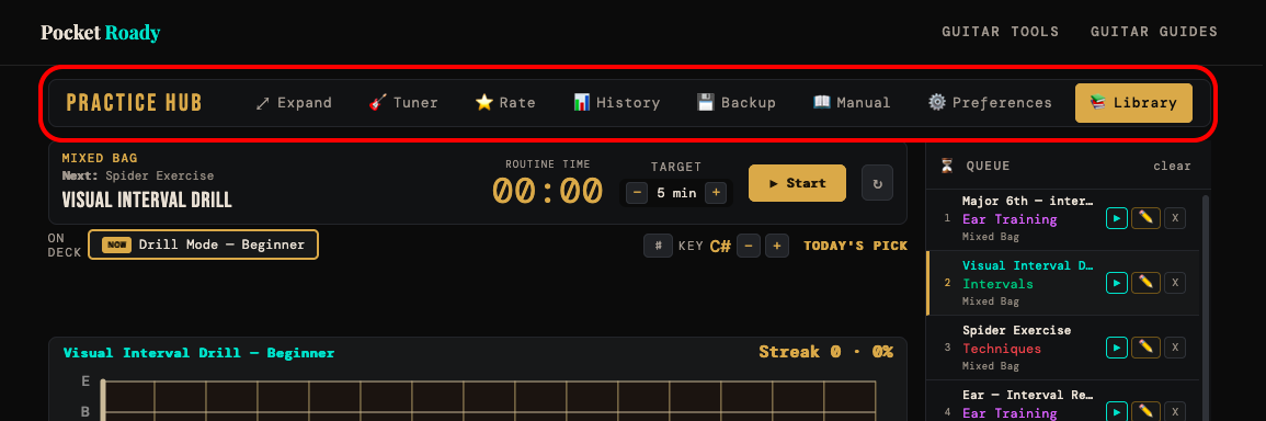 The Practice Hub header with the expand, tuner, rate, history, backup, manual, preferences and library buttons