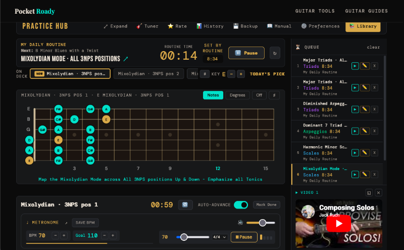 The Guitar Practice Hub open with a routine queued and a shape on the board