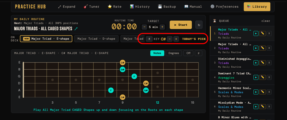 The key control showing today's key with the sharp and flat toggle and the plus and minus buttons
