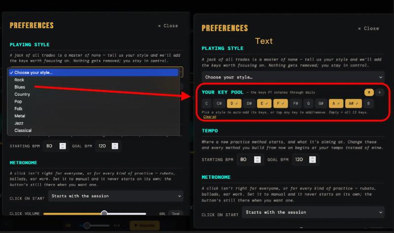 The playing-style picker and the twelve-key pool in preferences