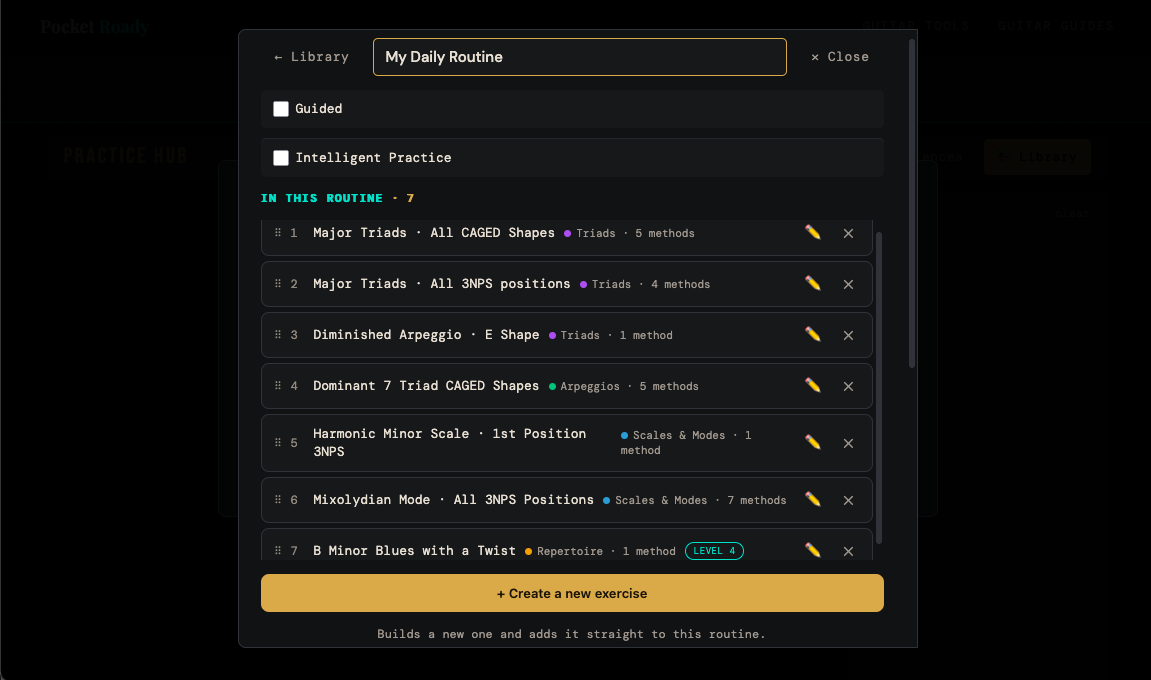 The Practice Hub library holding a mix of custom exercises and ready-made ones, sorted by category