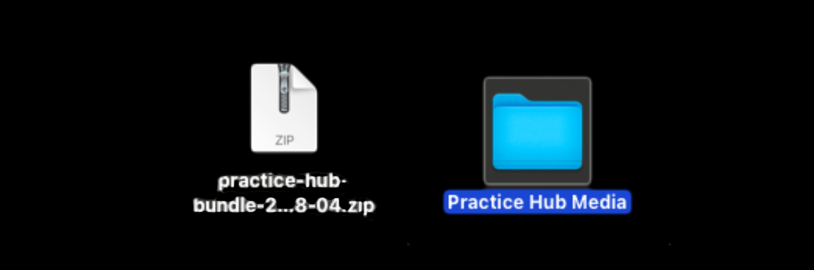 A practice media folder beside an exported Practice Hub backup bundle