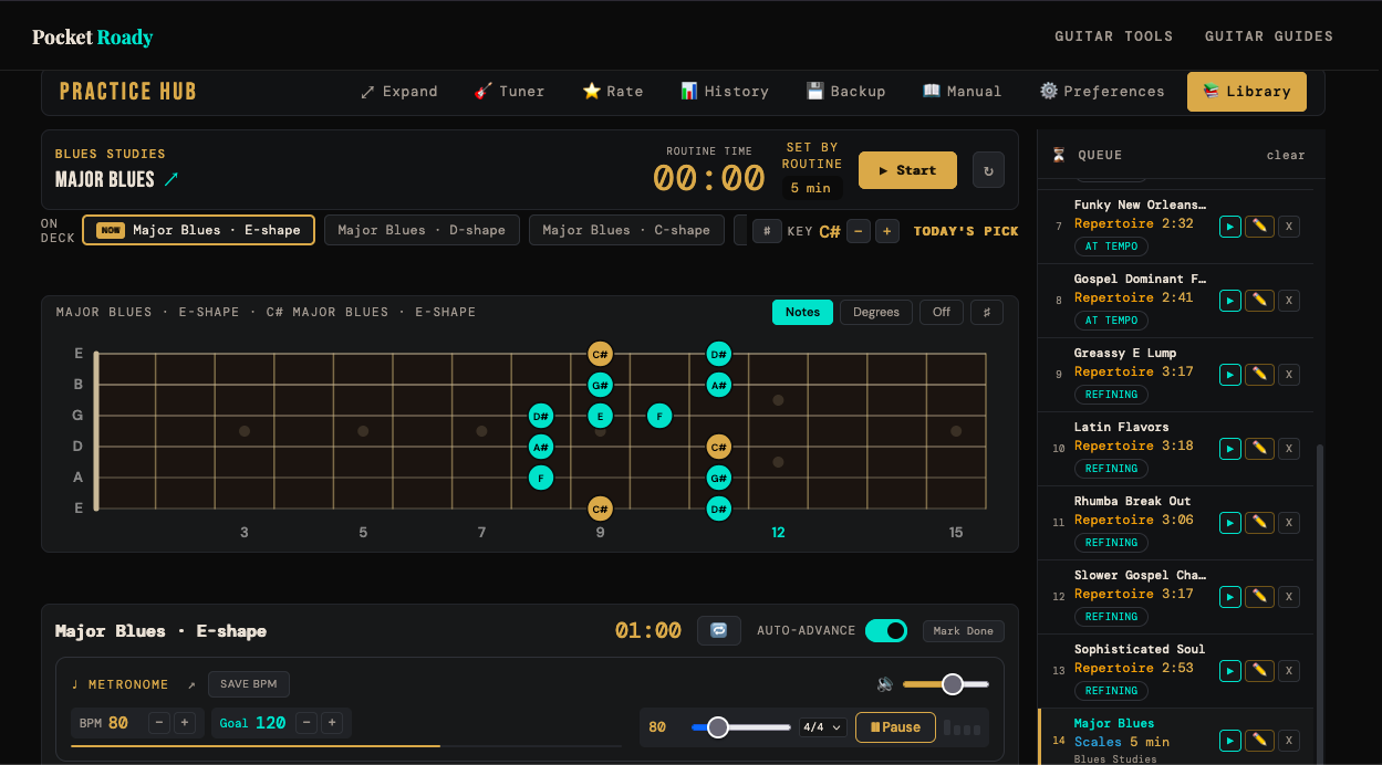 The Practice Hub with a session running, showing the stage, the queue and the method cards