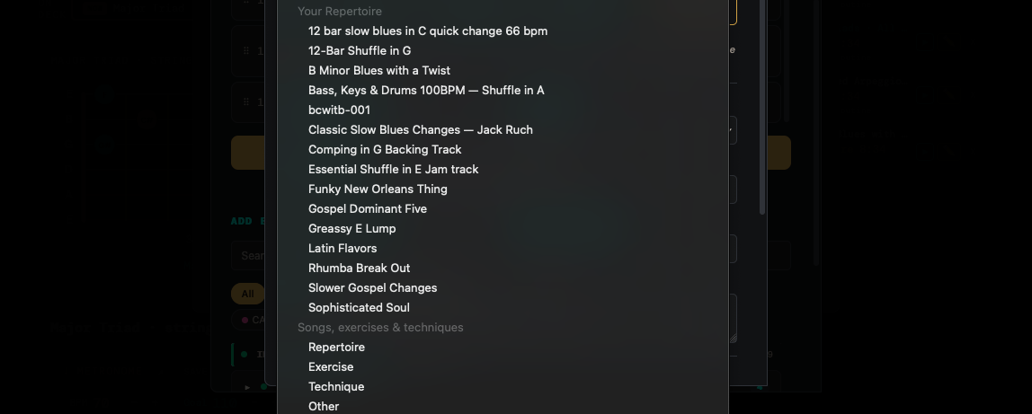 The what-to-practice menu scrolled to the Repertoire, Exercise, Technique and Other options