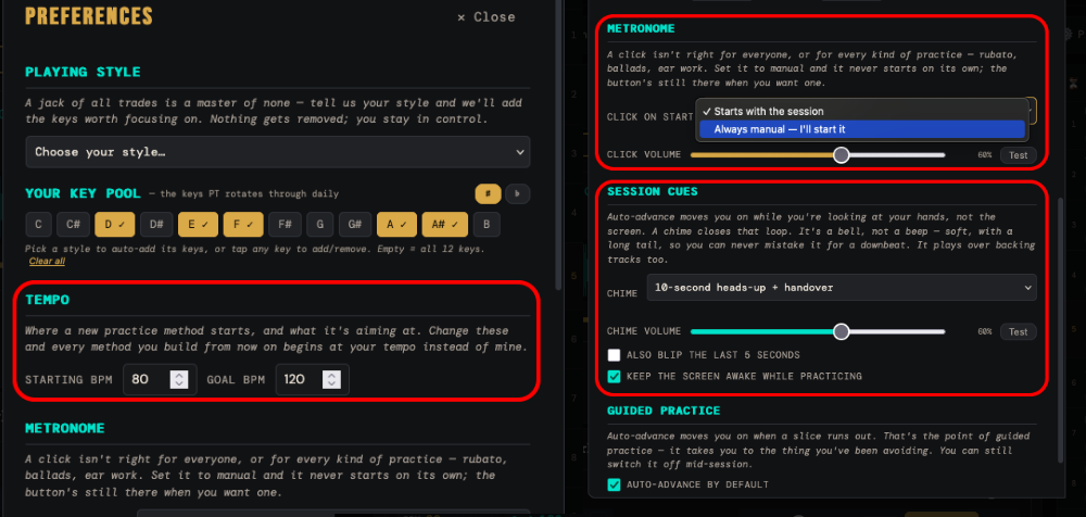 The preferences panel with the tempo defaults, metronome and session-cue settings