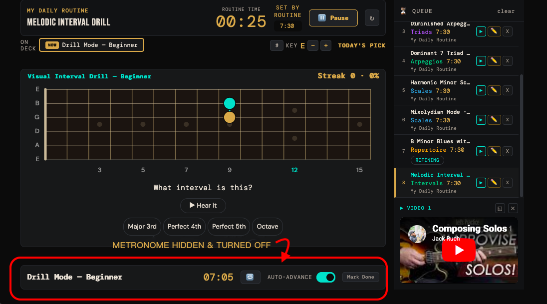 The metronome button switched off on an interval drill method card