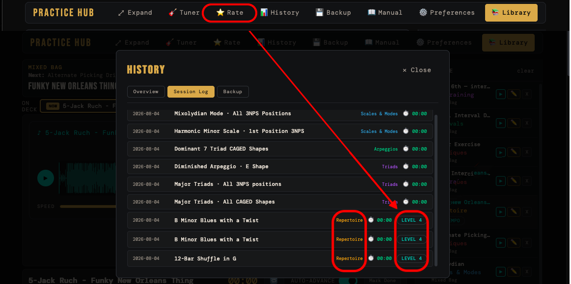 The Rate button in the header and the rating control on a line in the session log