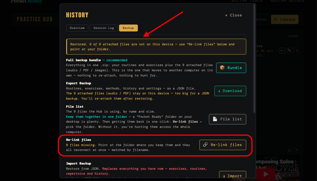 The missing-files list in the backup tab with the re-link folder option
