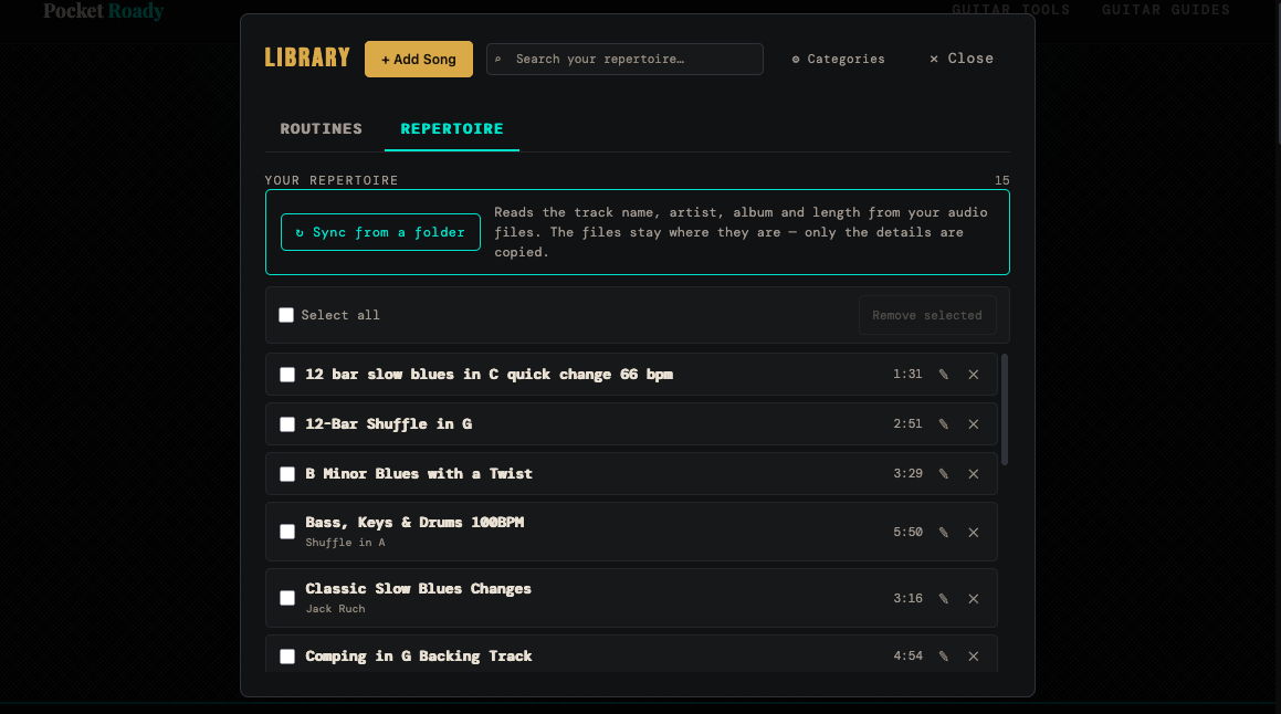 The repertoire list after syncing a folder, with track names, artists and lengths filled in