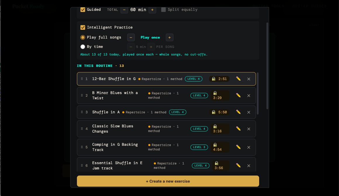 The routine builder with exercises listed in order and drag handles for reordering
