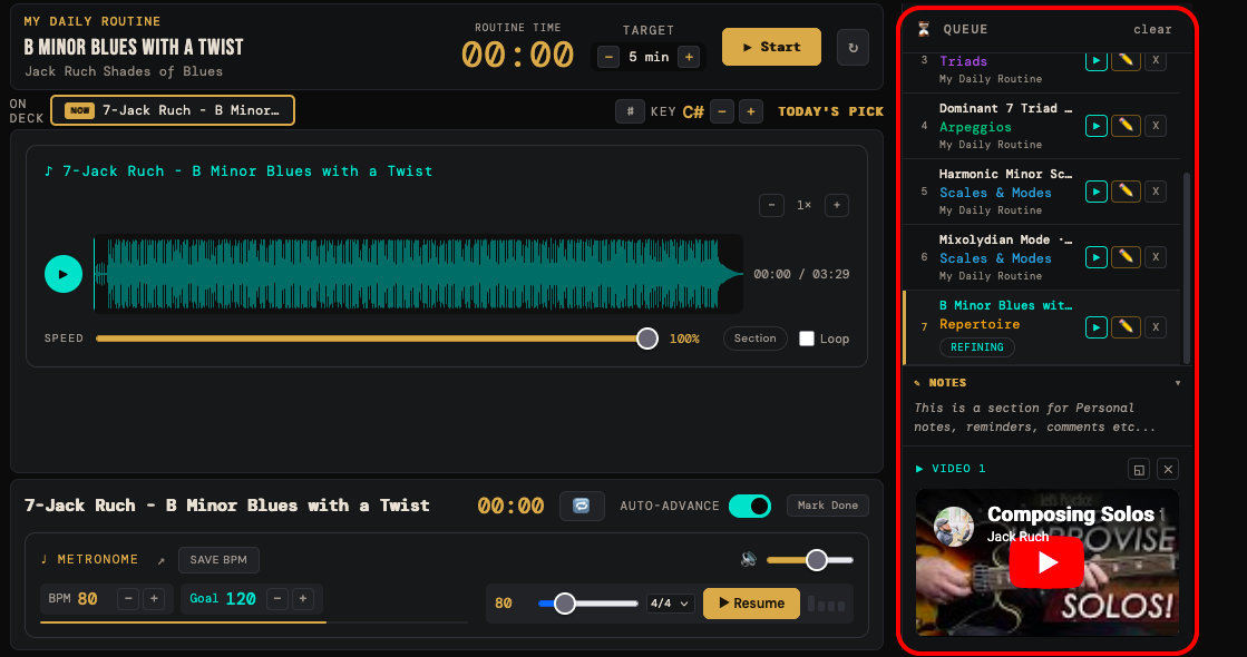 The Practice Hub sidebar with the queue, the notes panel and the backing-track player
