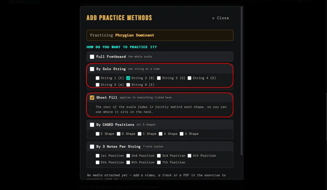 The By Solo String and Ghost Fill options in the method picker, below Full Fretboard