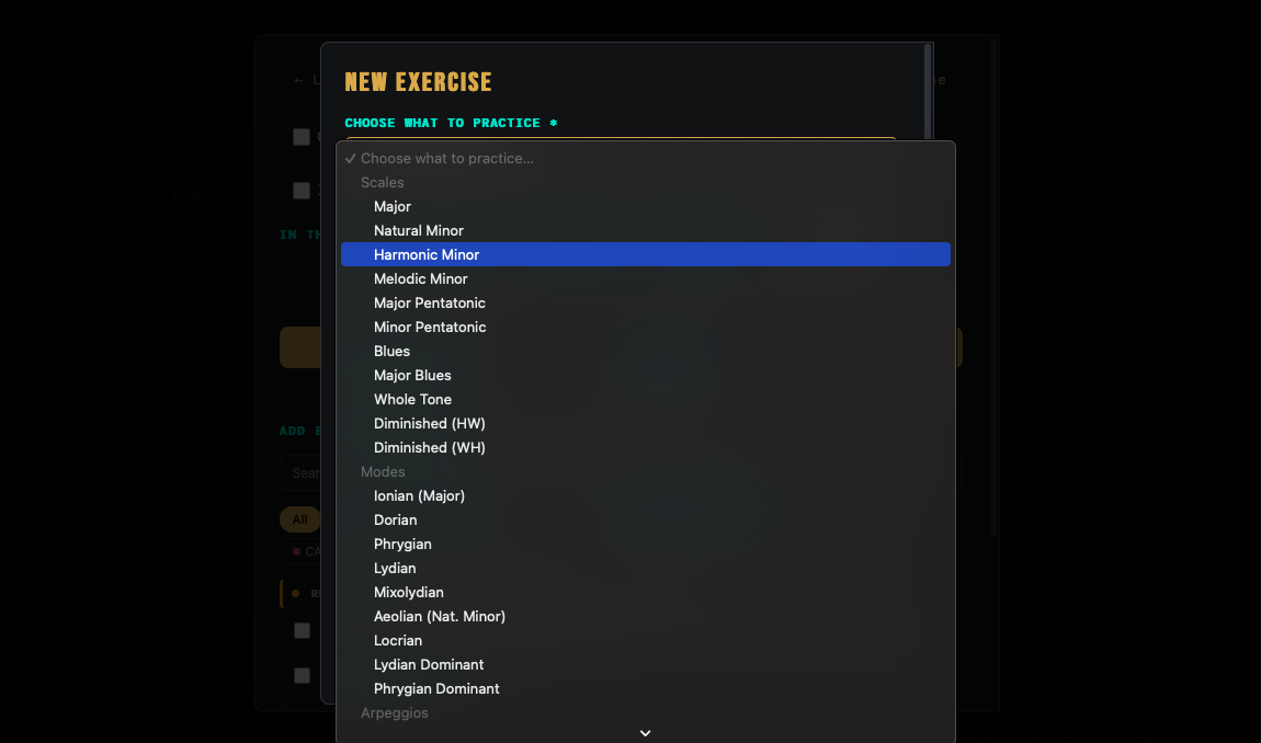 The what-to-practice menu open, with the Exercise, Technique and Other options in view