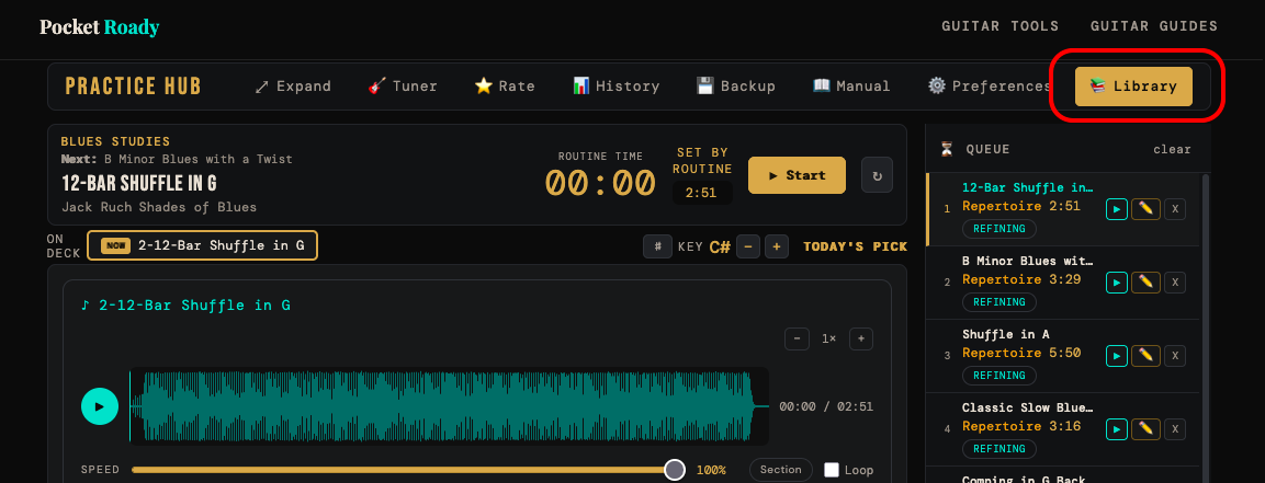 The Library button in the top right of the Practice Hub header