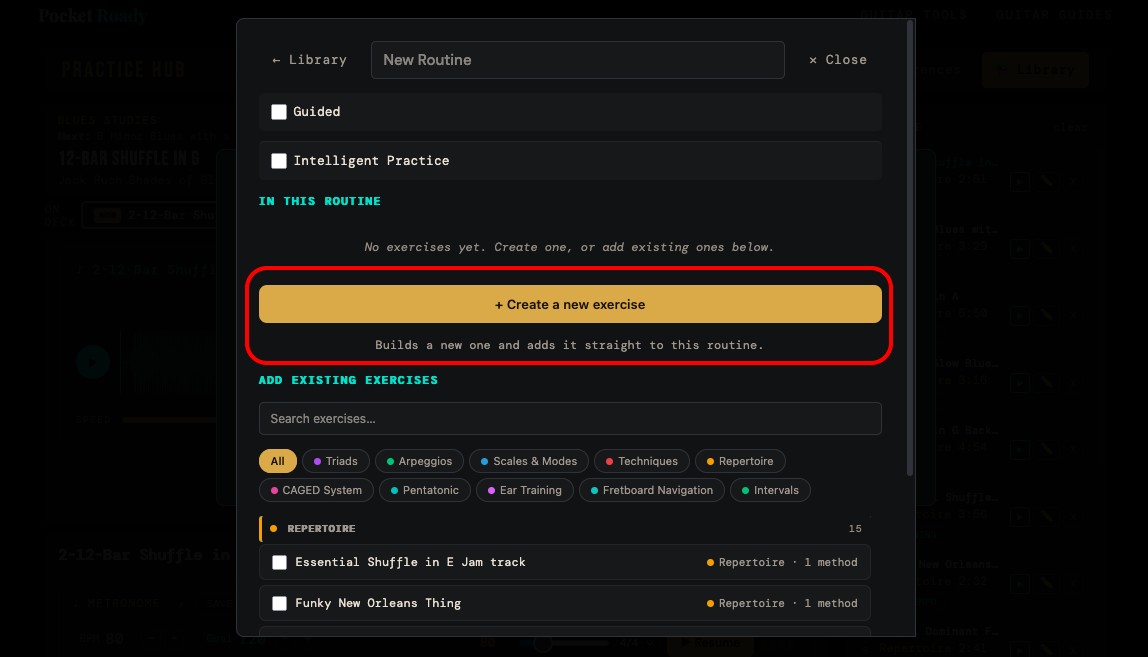 The New Routine screen with the create-a-new-exercise button