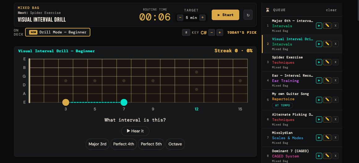 An interval drill question on the stage with the answer choices below it