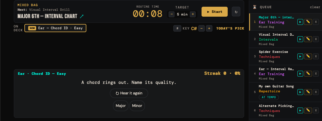 An ear-training question on the stage with the play button and answer choices